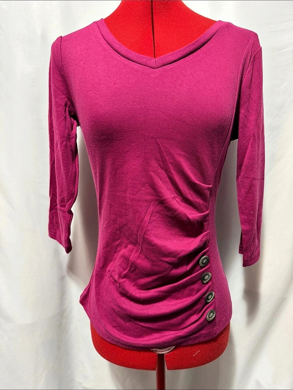Allegra K V Neck 3/4 Sleeves Solid Knitted Button Decor Ruched Blouse Ruched